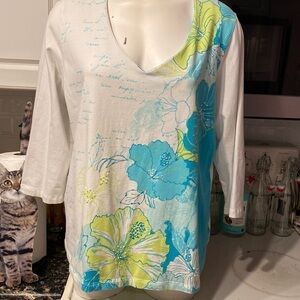 M hearts of palm casual floral stretch 3/4 sleeve plus size pull over top 1X